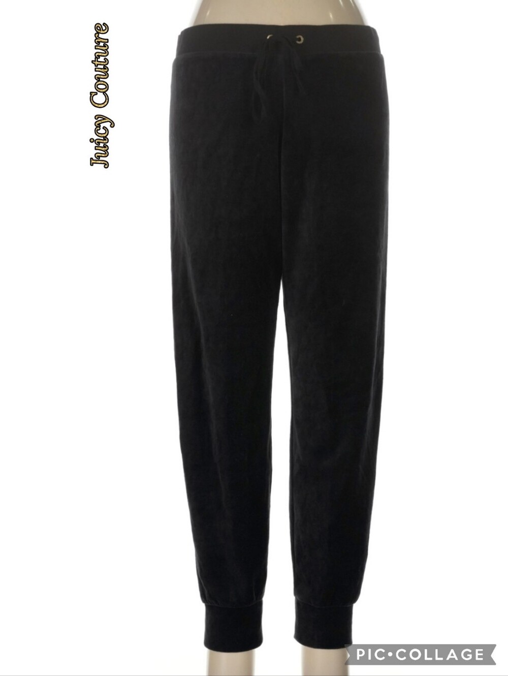 Juicy Couture joggers womans black velour, slim fit, front tie, hip gold logo